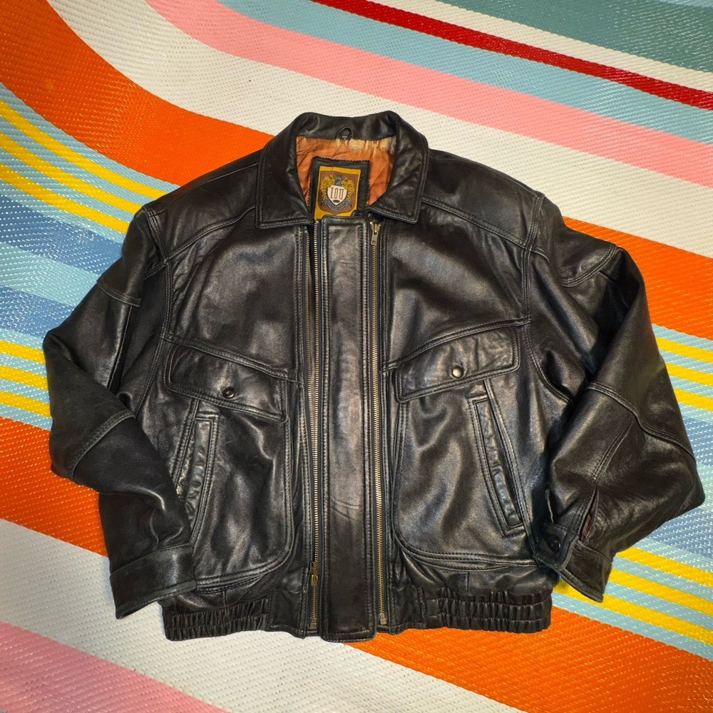 Vintage I.O.U Outerwear 1993 Black Genuine Leather Moto Bomber Coat Men X-Large